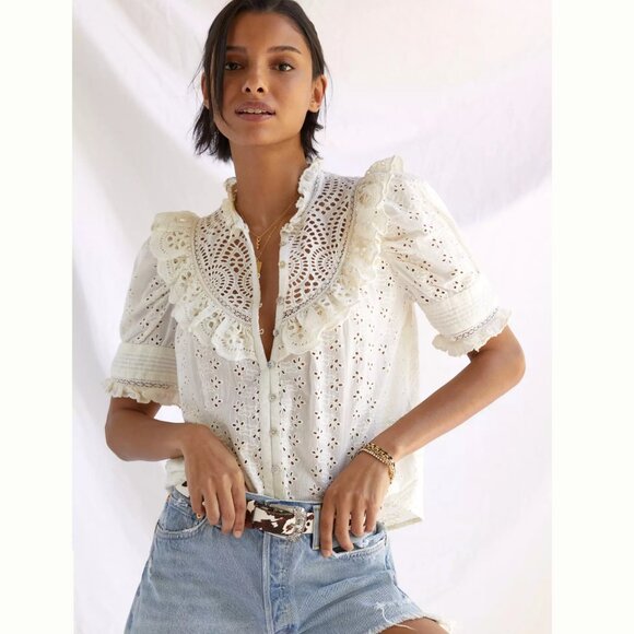 love the label Tops - Anthropologie Love the Label Dreamer Ruffled Eyelet Blouse In White